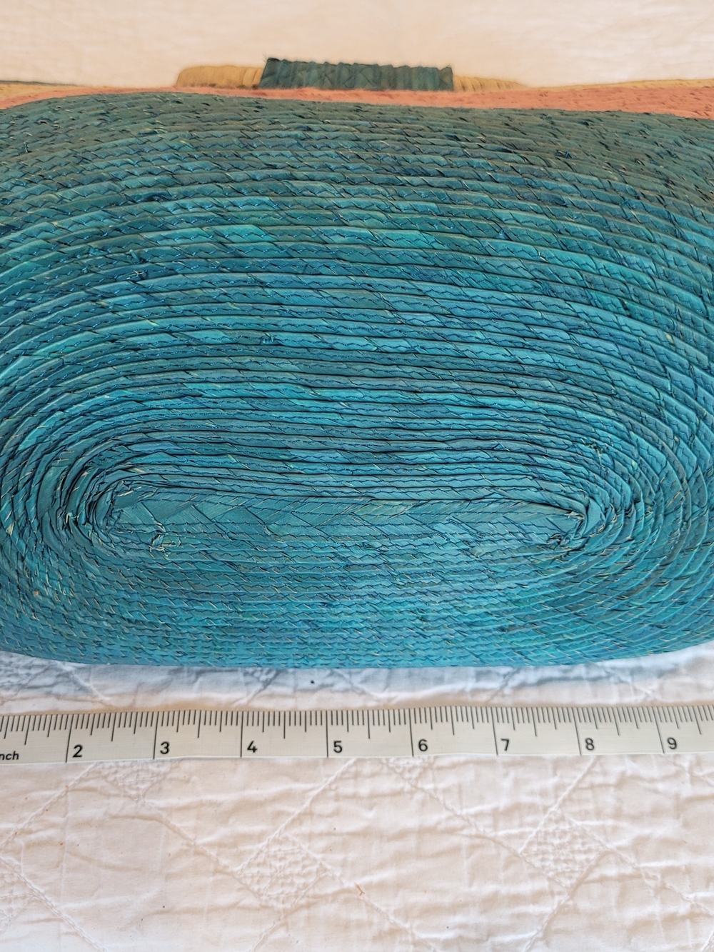 Woven Straw Circle-Handle Beach Tote in Teal, Pink & Natural, Velcro Closure - Picture 7 of 9